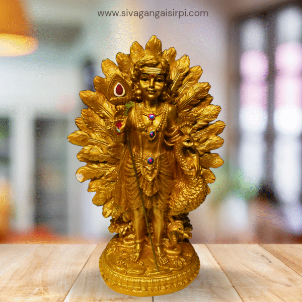 Lord Murugan Gold Finish Statue with Peacock