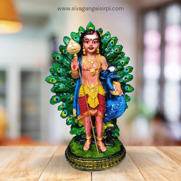 Lord Murugan Statue with Peacock Feather Backdrop